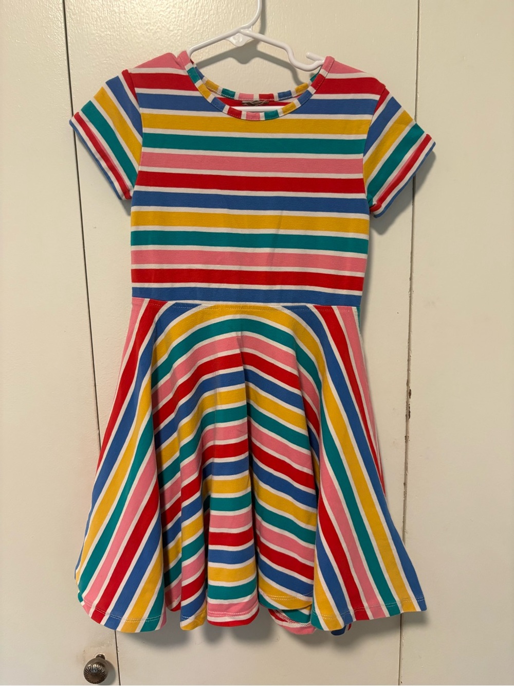 Frugi Spring Skater Dress multi-colored horizontal rainbow Stripe Girls 5-6